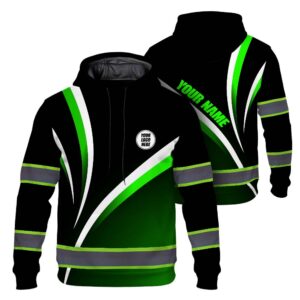 Hi Vis Hoodie Reflective Tapes Gradient Green Neon Company Uniform Custom Name And Logo Safety Workwear For Workers, Truckers, Operators