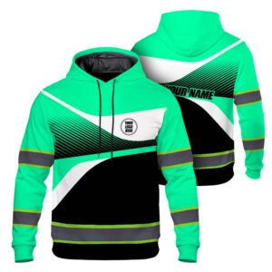 Hi Vis Hoodie Reflective Tapes Gradient Mint Neon Company Uniform Custom Name And Logo Safety Workwear For Workers, Truckers, Operators