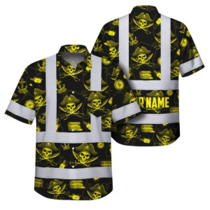 Hi Vis Hawaiian Shirt Reflective Tapes Yellow Skull Boat Custom Name Safety Workwear For Workers, Truckers, Operators
