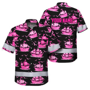 Hi Vis Hawaiian Shirt Reflective Tapes Pink Neon Boat Custom Name Safety Workwear For Workers, Truckers, Operators