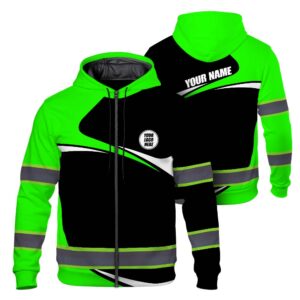 Hi Vis Zip Hoodie Reflective Tapes Green Neon Company Uniform Custom Name And Logo Safety Workwear For Workers, Truckers, Operators