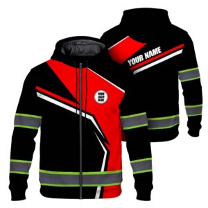 Hi Vis Zip Hoodie Reflective Tapes Red Neon Company Uniform Custom Name And Logo Safety Workwear For Workers, Truckers, Operators
