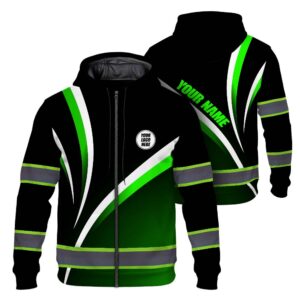 Hi Vis Zip Hoodie Reflective Tapes Gradient Green Neon Company Uniform Custom Name And Logo Safety Workwear For Workers, Truckers, Operators