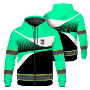Hi Vis Zip Hoodie Reflective Tapes Gradient Mint Neon Company Uniform Custom Name And Logo Safety Workwear For Workers, Truckers, Operators
