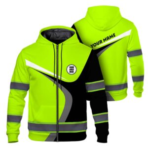Hi Vis Zip Hoodie Reflective Tapes Lime Neon Company Uniform Custom Name And Logo Safety Workwear For Workers, Truckers, Operators