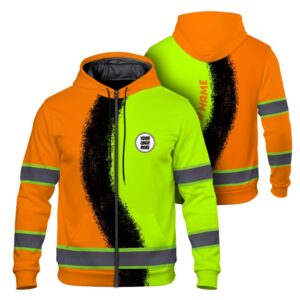 Hi Vis Zip Hoodie Reflective Tapes Green Orange Neon Company Uniform Custom Name And Logo Safety Workwear For Workers, Truckers, Operators
