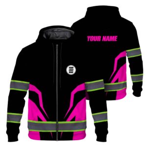 Hi Vis Zip Hoodie Reflective Tapes Pink Neon Company Uniform Custom Name And Logo Safety Workwear For Workers, Truckers, Operators