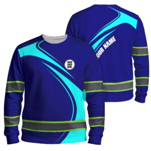 Hi Vis Long Sleeve Reflective Tapes Blue Neon Company Uniform Custom Name And Logo Safety Workwear For Workers, Truckers, Operators