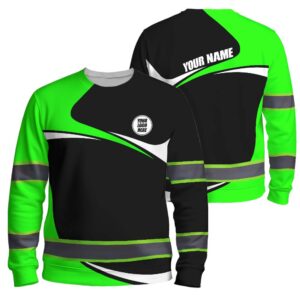 Hi Vis Long Sleeve Reflective Tapes Green Neon Company Uniform Custom Name And Logo Safety Workwear For Workers, Truckers, Operators