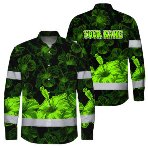 Hi Vis Hawaiian Long Sleeve Shirt Reflective Tapes Green Neon Hibiscus Flower Custom Name Safety Workwear For Workers, Truckers, Operators