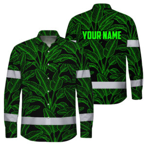 Hi Vis Hawaiian Long Sleeve Shirt Reflective Tapes Green Neon Leaves Custom Name Safety Workwear For Workers, Truckers, Operators