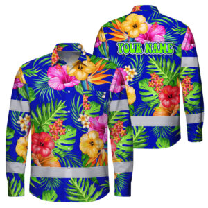 Hi Vis Hawaiian Long Sleeve Shirt Reflective Tape Colorful Flowers Custom Name Safety Workwear For Workers, Truckers, Operators