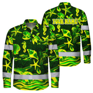 Hi Vis Hawaiian Long Sleeve Shirt Reflective Tape Gradient Green Yellow Sea Animal Custom Name Safety Workwear For Workers, Truckers, Operators