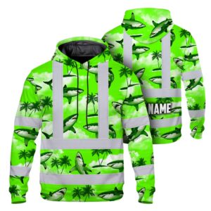 Hi Vis Hoodie Reflective Tapes Green Neon Shark Custom Name Safety Workwear For Mechanics, Workers, Truckers, Operators