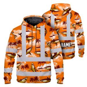 Hi Vis Hoodie Reflective Tapes Orange Neon Shark Custom Name Safety Workwear For Mechanics, Workers, Truckers, Operators