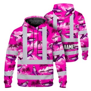 Hi Vis Hoodie Reflective Tapes Pink Neon Shark Custom Name Safety Workwear For Mechanics, Workers, Truckers, Operators