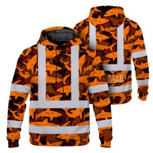Hi Vis Hoodie Reflective Tapes Orange Camo Shark Custom Name Safety Workwear For Mechanics, Workers, Truckers, Operators