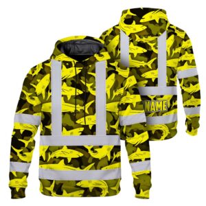Hi Vis Hoodie Reflective Tapes Yellow Camo Shark Custom Name Safety Workwear For Mechanics, Workers, Truckers, Operators
