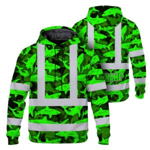 Hi Vis Hoodie Reflective Tapes Green Camo Shark Custom Name Safety Workwear For Mechanics, Workers, Truckers, Operators