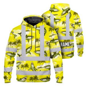 Hi Vis Hoodie Reflective Tapes Yellow Neon Shark Custom Name Safety Workwear For Mechanics, Workers, Truckers, Operators