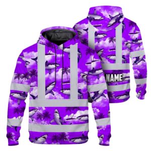 Hi Vis Hoodie Reflective Tapes Violet Neon Shark Custom Name Safety Workwear For Mechanics, Workers, Truckers, Operators