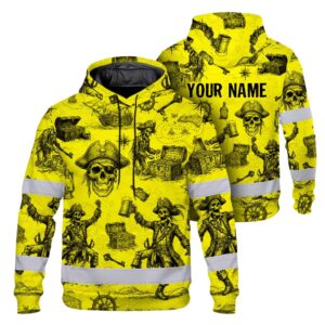 Hi Vis Hoodie Reflective Tapes Yellow Skull Boat Custom Name Safety Workwear For Workers, Truckers, Operators