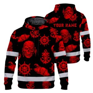 Hi Vis Hoodie Reflective Tapes Black Red Skull Boat Custom Name Safety Workwear For Workers, Truckers, Operators