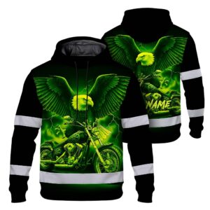 Hi Vis Hoodie Reflective Tapes Green Neon Motobike Eagle Custom Name Safety Workwear For Workers, Truckers, Operators
