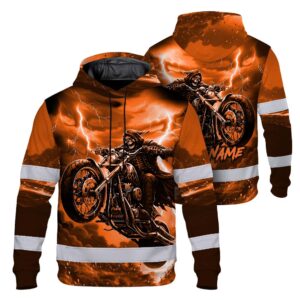 Hi Vis Hoodie Reflective Tapes Orange Neon Motobike Skull Custom Name Safety Workwear For Workers, Truckers, Operators
