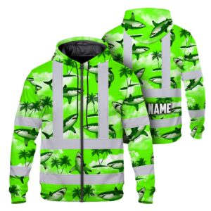 Hi Vis Zip Hoodie Reflective Tapes Green Neon Shark Custom Name Safety Workwear For Mechanics, Workers, Truckers, Operators