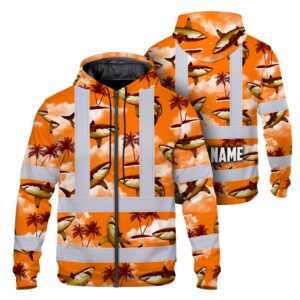 Hi Vis Zip Hoodie Reflective Tapes Orange Neon Shark Custom Name Safety Workwear For Mechanics, Workers, Truckers, Operators