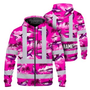 Hi Vis Zip Hoodie Reflective Tapes Pink Neon Shark Custom Name Safety Workwear For Mechanics, Workers, Truckers, Operators