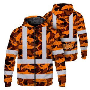 Hi Vis Zip Hoodie Reflective Tapes Orange Camo Shark Custom Name Safety Workwear For Mechanics, Workers, Truckers, Operators