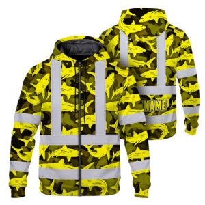 Hi Vis Zip Hoodie Reflective Tapes Yellow Camo Shark Custom Name Safety Workwear For Mechanics, Workers, Truckers, Operators