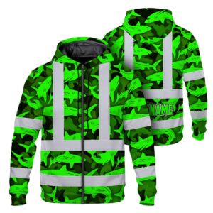 Hi Vis Zip Hoodie Reflective Tapes Green Camo Shark Custom Name Safety Workwear For Mechanics, Workers, Truckers, Operators