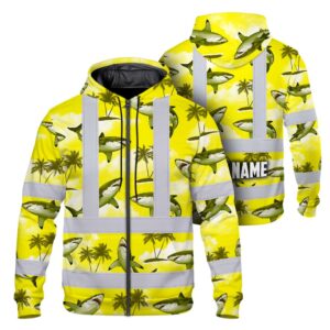 Hi Vis Zip Hoodie Reflective Tapes Yellow Neon Shark Custom Name Safety Workwear For Mechanics, Workers, Truckers, Operators