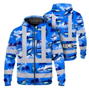 Hi Vis Zip Hoodie Reflective Tapes Blue Neon Shark Custom Name Safety Workwear For Mechanics, Workers, Truckers, Operators
