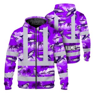Hi Vis Zip Hoodie Reflective Tapes Violet Neon Shark Custom Name Safety Workwear For Mechanics, Workers, Truckers, Operators