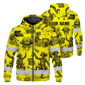 Hi Vis Zip Hoodie Reflective Tapes Yellow Skull Boat Custom Name Safety Workwear For Workers, Truckers, Operators