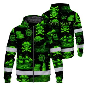 Hi Vis Zip Hoodie Reflective Tapes Green Skull Boat Custom Name Safety Workwear For Workers, Truckers, Operators