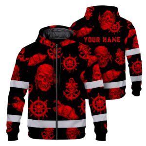 Hi Vis Zip Hoodie Reflective Tapes Black Red Skull Boat Custom Name Safety Workwear For Workers, Truckers, Operators