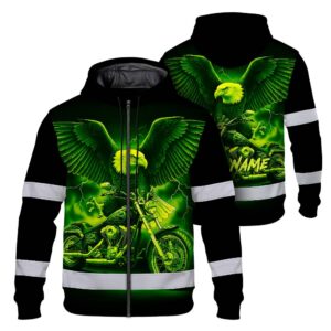 Hi Vis Zip Hoodie Reflective Tapes Green Neon Motobike Eagle Custom Name Safety Workwear For Workers, Truckers, Operators