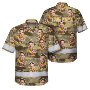 Hi Vis Hawaiian Shirt Reflective Tapes Camo Fishermen Custom Name And Image Safety Workwear For Workers, Truckers, Operators