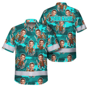 Hi Vis Hawaiian Shirt Reflective Tapes Teal Camo Fish Custom Name And Image Safety Workwear For Workers, Truckers, Operators