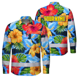 Hi Vis Hawaiian Long Sleeve Shirt Reflective Tape Colorful Flowers 2 Custom Name Safety Workwear For Workers, Truckers, Operators