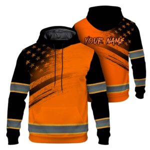 High Visibility Hoodie American Flag Reflective Safety Hoodie, Custom Name Workwear for Workers, Runners, Patriotic