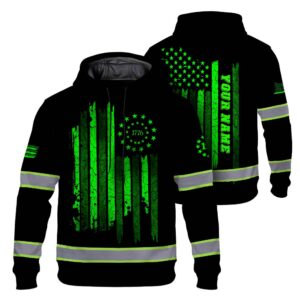 High Visibility Hoodie American Flag Reflective Safety Hoodie, Custom Name Workwear for Workers, Runners, Patriotic