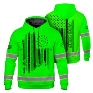 High Visibility Hoodie American Flag Reflective Safety Hoodie, Custom Name Workwear for Workers, Runners, Patriotic