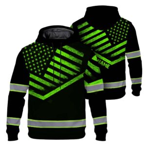 High Visibility Hoodie American Flag Reflective Safety Hoodie, Custom Name Workwear for Workers, Runners, Patriotic