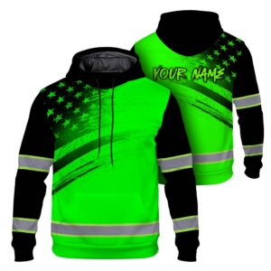 High Visibility Hoodie American Flag Reflective Safety Hoodie, Custom Name Workwear for Workers, Runners, Patriotic